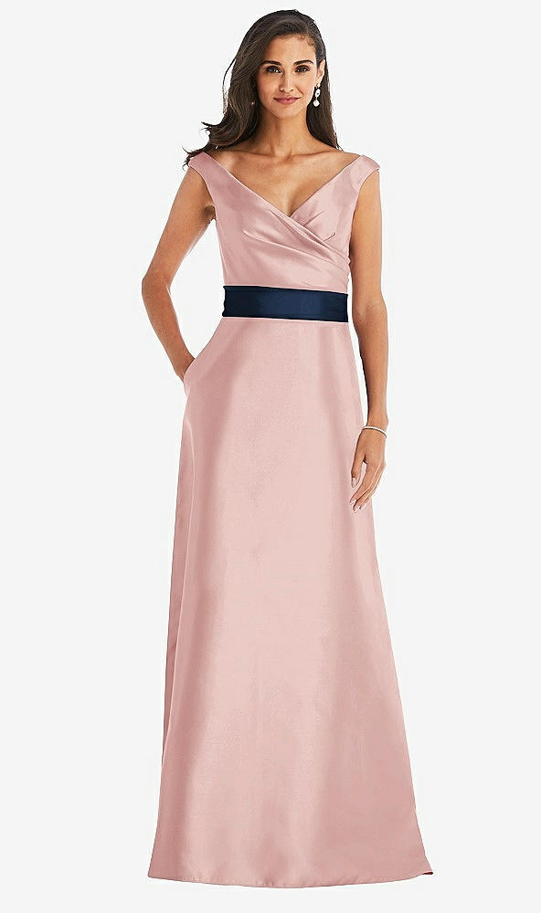 Front View - Rose & Midnight Navy Off-the-Shoulder Draped Wrap Satin Maxi Dress