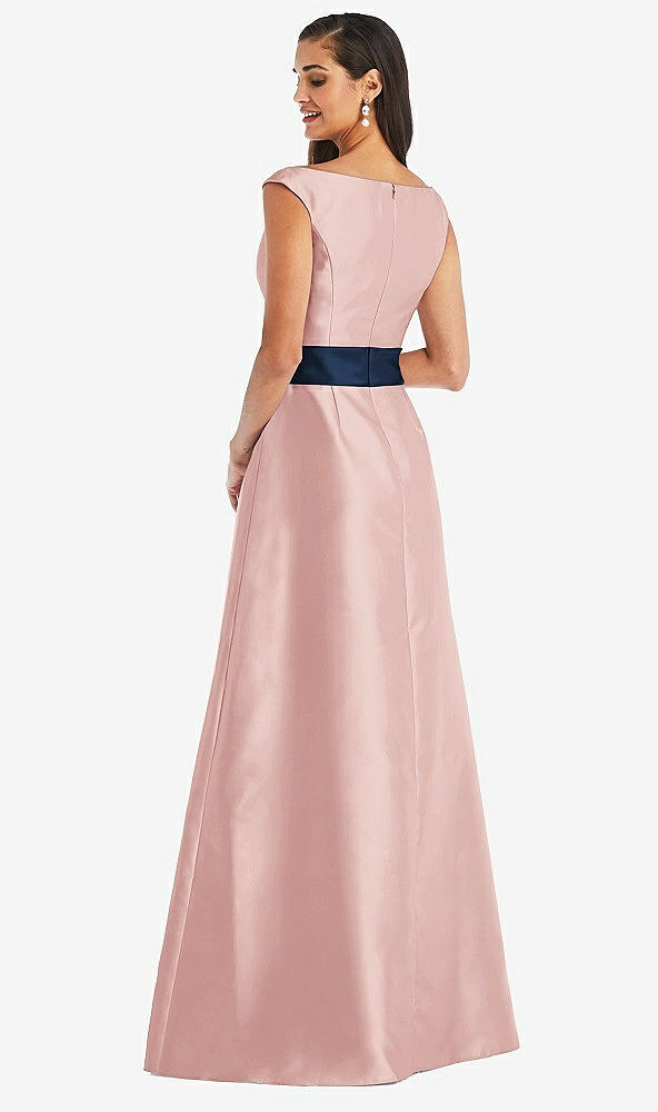 Back View - Rose & Midnight Navy Off-the-Shoulder Draped Wrap Satin Maxi Dress