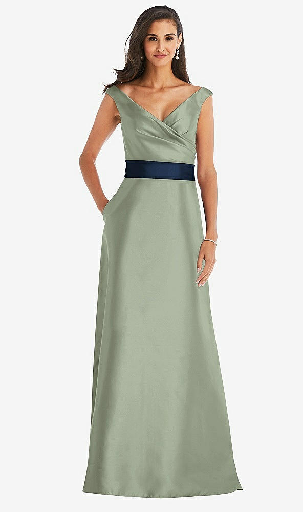 Front View - Sage & Midnight Navy Off-the-Shoulder Draped Wrap Satin Maxi Dress