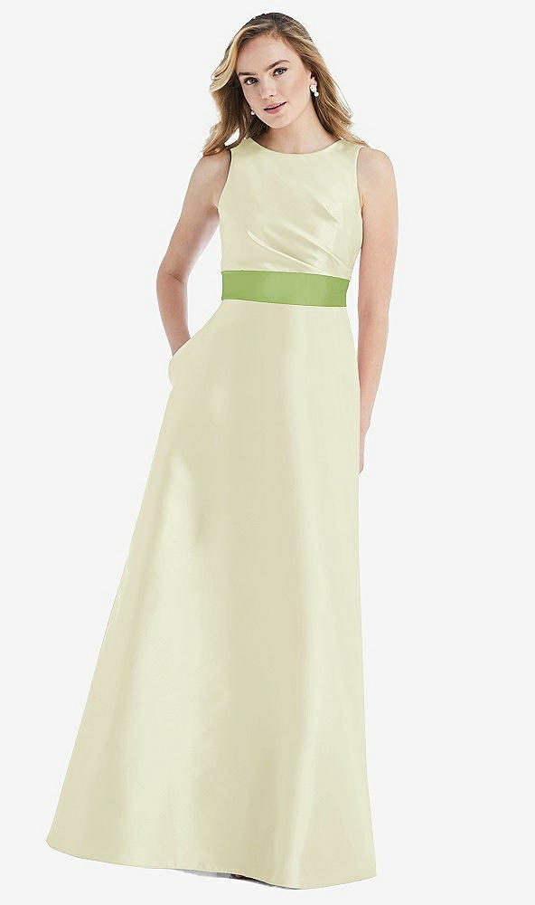 Front View - Butter Yellow & Mojito High-Neck Asymmetrical Shirred Satin Maxi Dress with Pockets