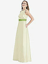 Side View Thumbnail - Butter Yellow & Mojito High-Neck Asymmetrical Shirred Satin Maxi Dress with Pockets