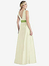 Rear View Thumbnail - Butter Yellow & Mojito High-Neck Asymmetrical Shirred Satin Maxi Dress with Pockets