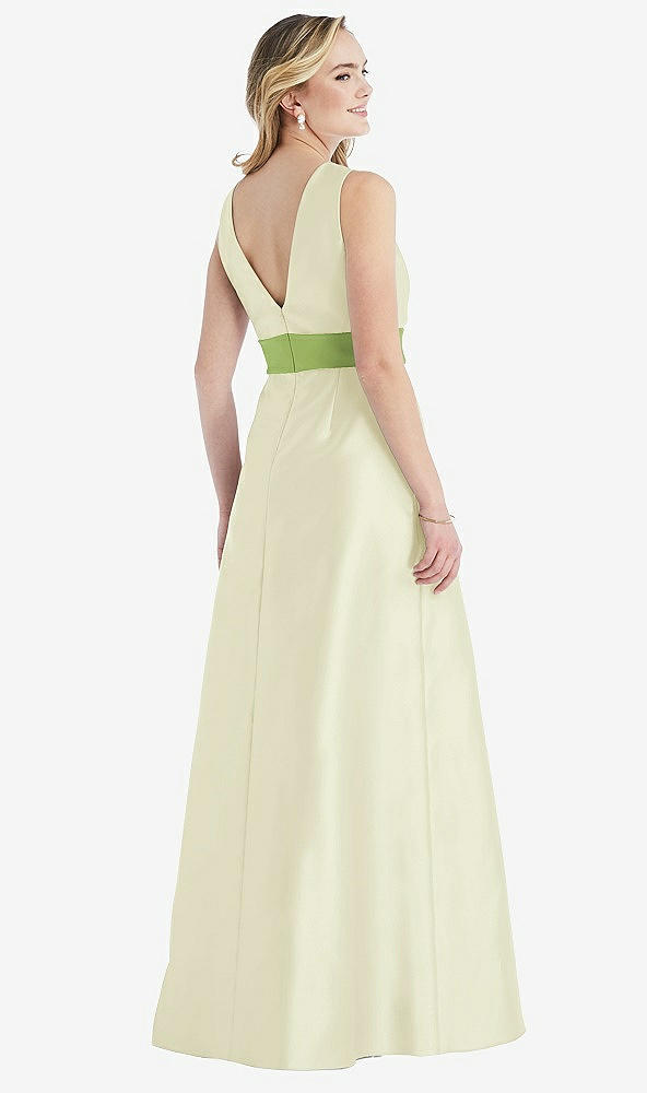 Back View - Butter Yellow & Mojito High-Neck Asymmetrical Shirred Satin Maxi Dress with Pockets