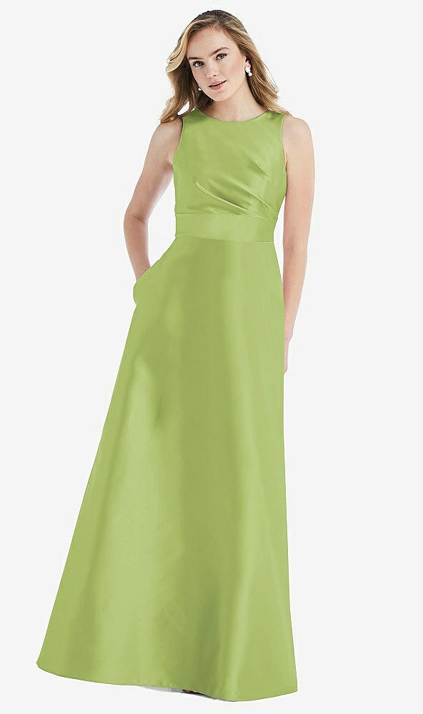 Front View - Mojito & Mojito High-Neck Asymmetrical Shirred Satin Maxi Dress with Pockets