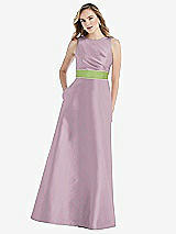 Front View Thumbnail - Suede Rose & Mojito High-Neck Asymmetrical Shirred Satin Maxi Dress with Pockets