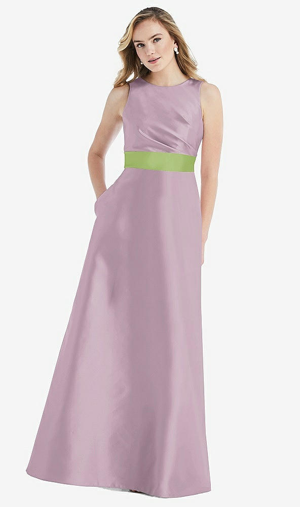 Front View - Suede Rose & Mojito High-Neck Asymmetrical Shirred Satin Maxi Dress with Pockets