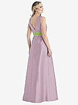 Rear View Thumbnail - Suede Rose & Mojito High-Neck Asymmetrical Shirred Satin Maxi Dress with Pockets