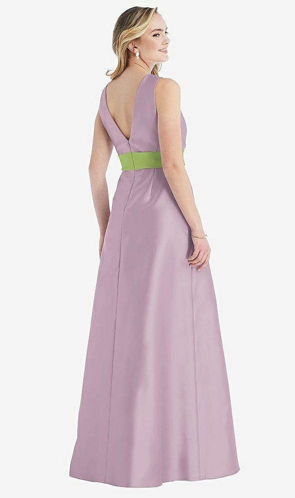 Back View - Suede Rose & Mojito High-Neck Asymmetrical Shirred Satin Maxi Dress with Pockets