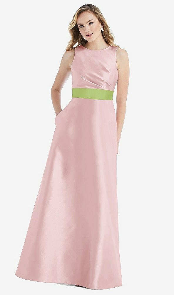 Front View - Ballet Pink & Mojito High-Neck Asymmetrical Shirred Satin Maxi Dress with Pockets