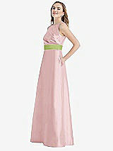 Side View Thumbnail - Ballet Pink & Mojito High-Neck Asymmetrical Shirred Satin Maxi Dress with Pockets