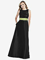 Front View Thumbnail - Black & Mojito High-Neck Asymmetrical Shirred Satin Maxi Dress with Pockets