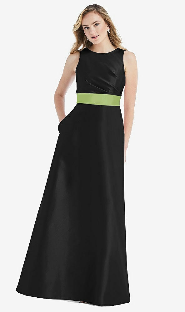 Front View - Black & Mojito High-Neck Asymmetrical Shirred Satin Maxi Dress with Pockets