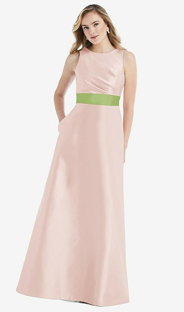 Front View - Blush & Mojito High-Neck Asymmetrical Shirred Satin Maxi Dress with Pockets