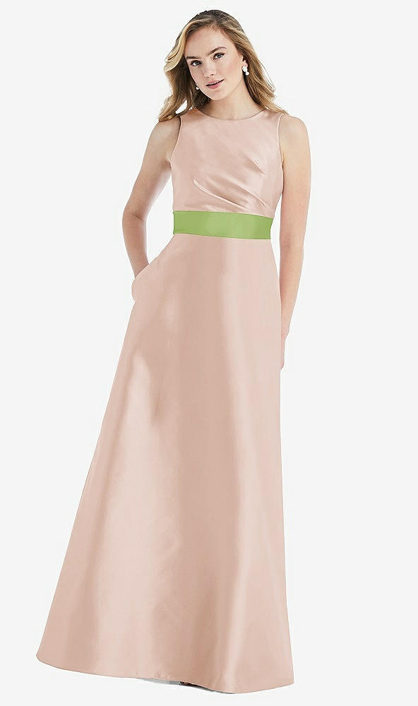 Front View - Cameo & Mojito High-Neck Asymmetrical Shirred Satin Maxi Dress with Pockets