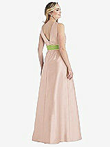 Rear View Thumbnail - Cameo & Mojito High-Neck Asymmetrical Shirred Satin Maxi Dress with Pockets