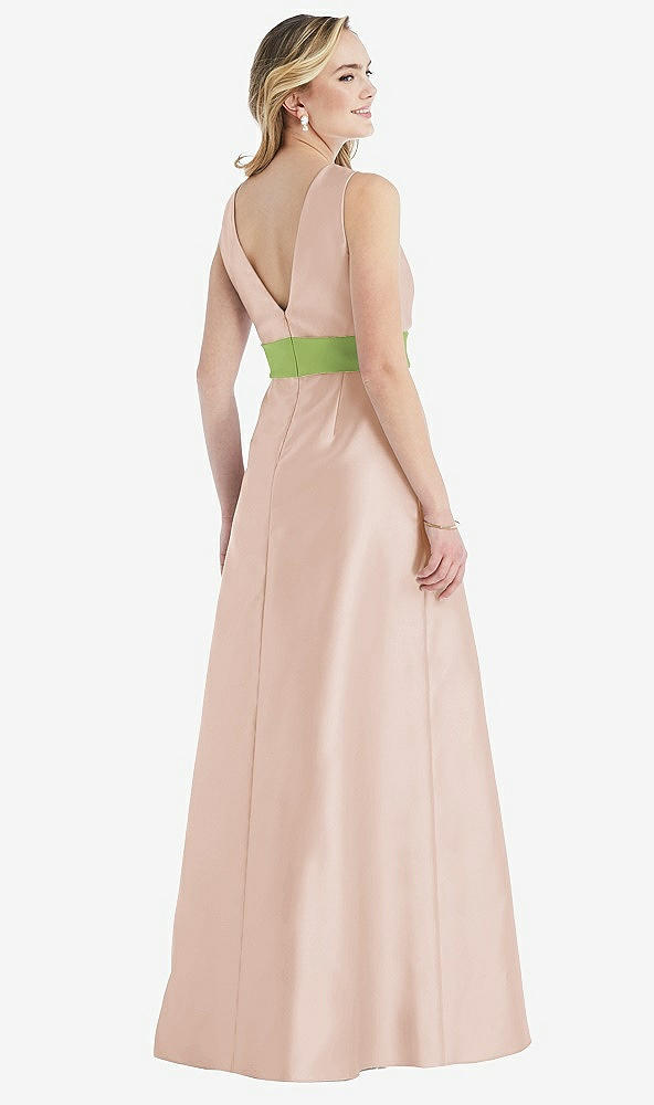 Back View - Cameo & Mojito High-Neck Asymmetrical Shirred Satin Maxi Dress with Pockets