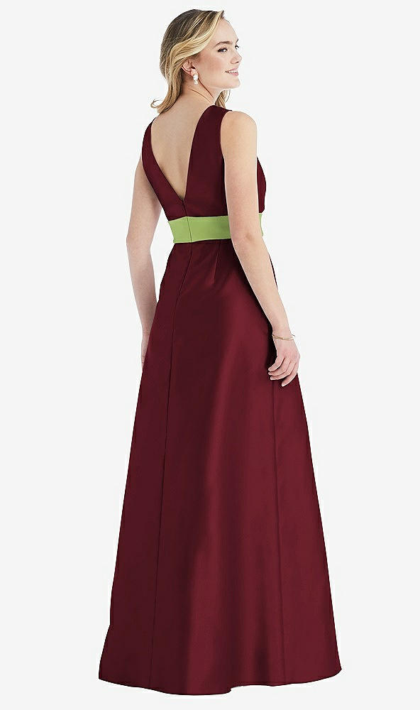 Back View - Cabernet & Mojito High-Neck Asymmetrical Shirred Satin Maxi Dress with Pockets