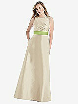 Front View Thumbnail - Champagne & Mojito High-Neck Asymmetrical Shirred Satin Maxi Dress with Pockets