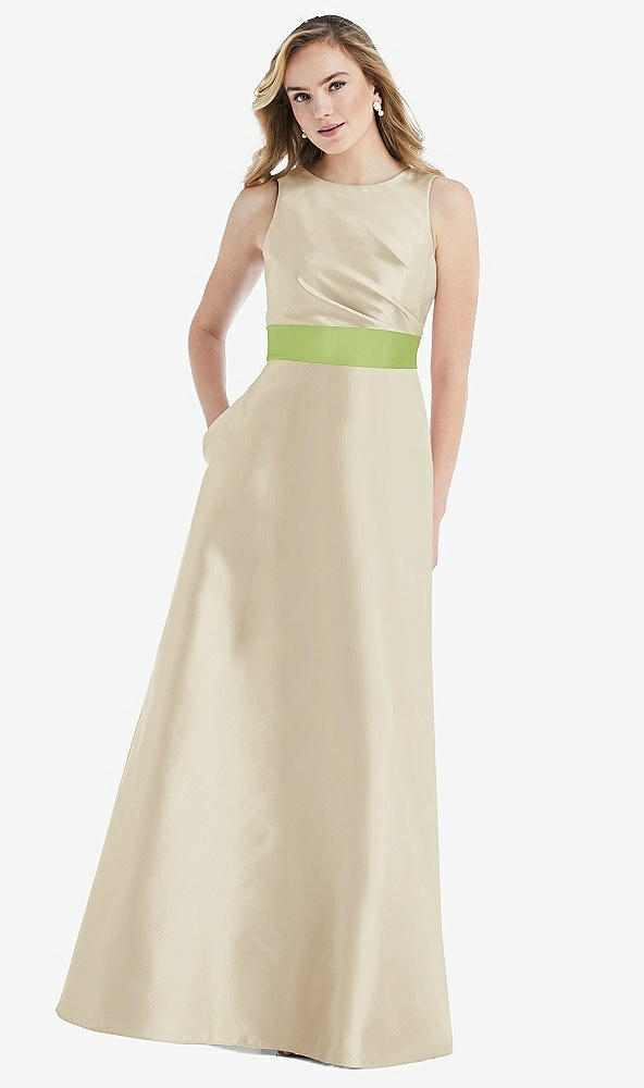 Front View - Champagne & Mojito High-Neck Asymmetrical Shirred Satin Maxi Dress with Pockets