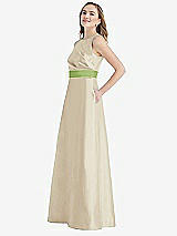 Side View Thumbnail - Champagne & Mojito High-Neck Asymmetrical Shirred Satin Maxi Dress with Pockets