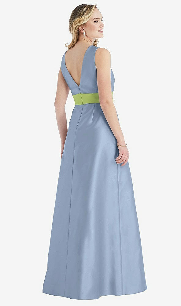 Back View - Cloudy & Mojito High-Neck Asymmetrical Shirred Satin Maxi Dress with Pockets