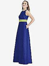 Side View Thumbnail - Cobalt Blue & Mojito High-Neck Asymmetrical Shirred Satin Maxi Dress with Pockets