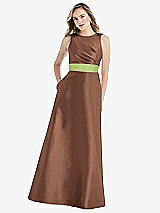Front View Thumbnail - Cognac & Mojito High-Neck Asymmetrical Shirred Satin Maxi Dress with Pockets