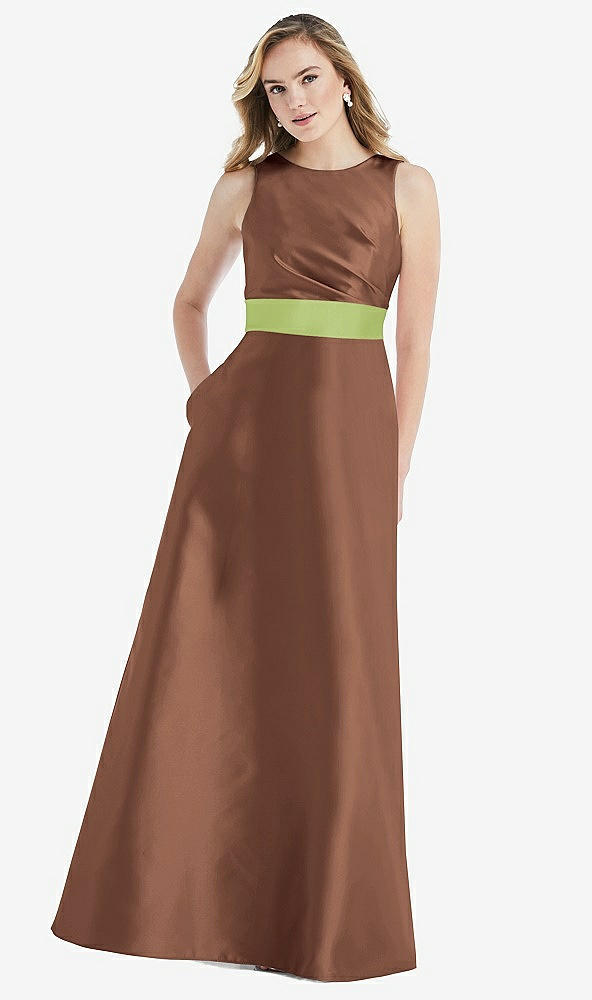 Front View - Cognac & Mojito High-Neck Asymmetrical Shirred Satin Maxi Dress with Pockets
