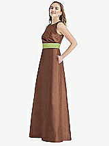 Side View Thumbnail - Cognac & Mojito High-Neck Asymmetrical Shirred Satin Maxi Dress with Pockets
