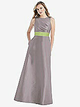 Front View Thumbnail - Cashmere Gray & Mojito High-Neck Asymmetrical Shirred Satin Maxi Dress with Pockets