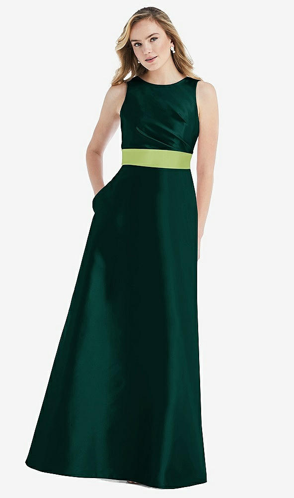 Front View - Evergreen & Mojito High-Neck Asymmetrical Shirred Satin Maxi Dress with Pockets