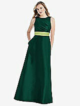Front View Thumbnail - Hunter Green & Mojito High-Neck Asymmetrical Shirred Satin Maxi Dress with Pockets