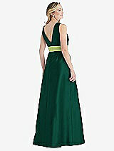 Rear View Thumbnail - Hunter Green & Mojito High-Neck Asymmetrical Shirred Satin Maxi Dress with Pockets