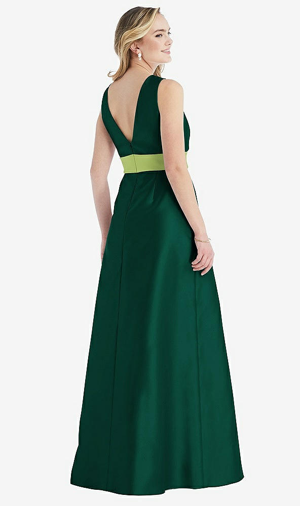 Back View - Hunter Green & Mojito High-Neck Asymmetrical Shirred Satin Maxi Dress with Pockets