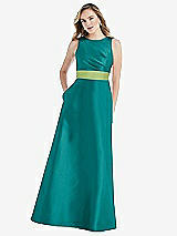 Front View Thumbnail - Jade & Mojito High-Neck Asymmetrical Shirred Satin Maxi Dress with Pockets