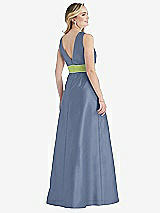 Rear View Thumbnail - Larkspur Blue & Mojito High-Neck Asymmetrical Shirred Satin Maxi Dress with Pockets