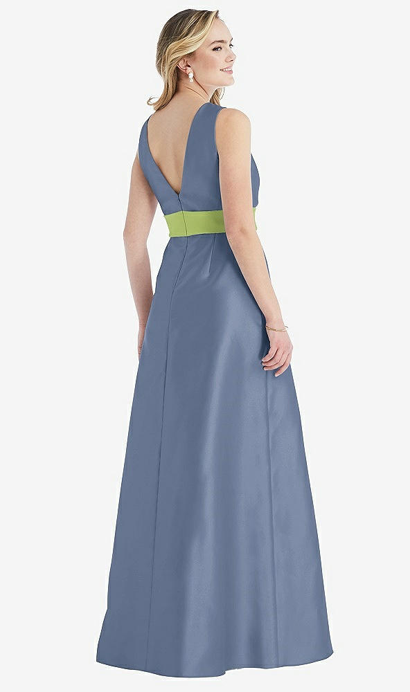 Back View - Larkspur Blue & Mojito High-Neck Asymmetrical Shirred Satin Maxi Dress with Pockets