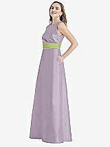Side View Thumbnail - Lilac Haze & Mojito High-Neck Asymmetrical Shirred Satin Maxi Dress with Pockets