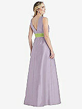 Rear View Thumbnail - Lilac Haze & Mojito High-Neck Asymmetrical Shirred Satin Maxi Dress with Pockets