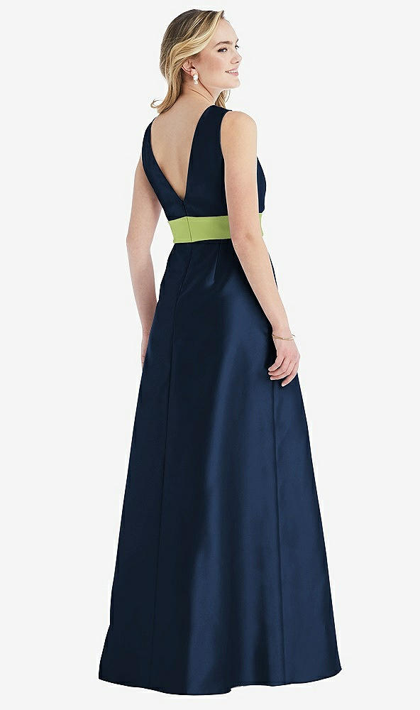 Back View - Midnight Navy & Mojito High-Neck Asymmetrical Shirred Satin Maxi Dress with Pockets