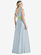 Rear View Thumbnail - Mist & Mojito High-Neck Asymmetrical Shirred Satin Maxi Dress with Pockets