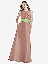 Front View Thumbnail - Neu Nude & Mojito High-Neck Asymmetrical Shirred Satin Maxi Dress with Pockets
