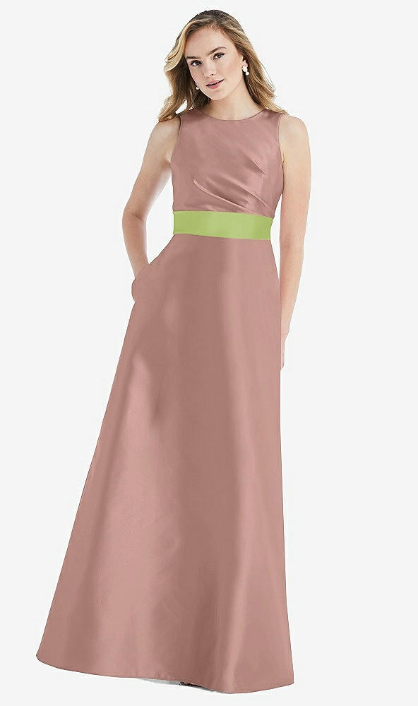 Front View - Neu Nude & Mojito High-Neck Asymmetrical Shirred Satin Maxi Dress with Pockets