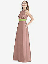 Side View Thumbnail - Neu Nude & Mojito High-Neck Asymmetrical Shirred Satin Maxi Dress with Pockets