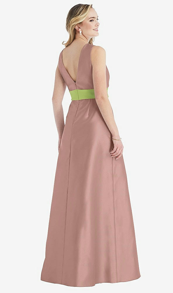 Back View - Neu Nude & Mojito High-Neck Asymmetrical Shirred Satin Maxi Dress with Pockets