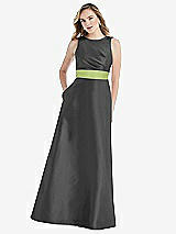 Front View Thumbnail - Pewter & Mojito High-Neck Asymmetrical Shirred Satin Maxi Dress with Pockets
