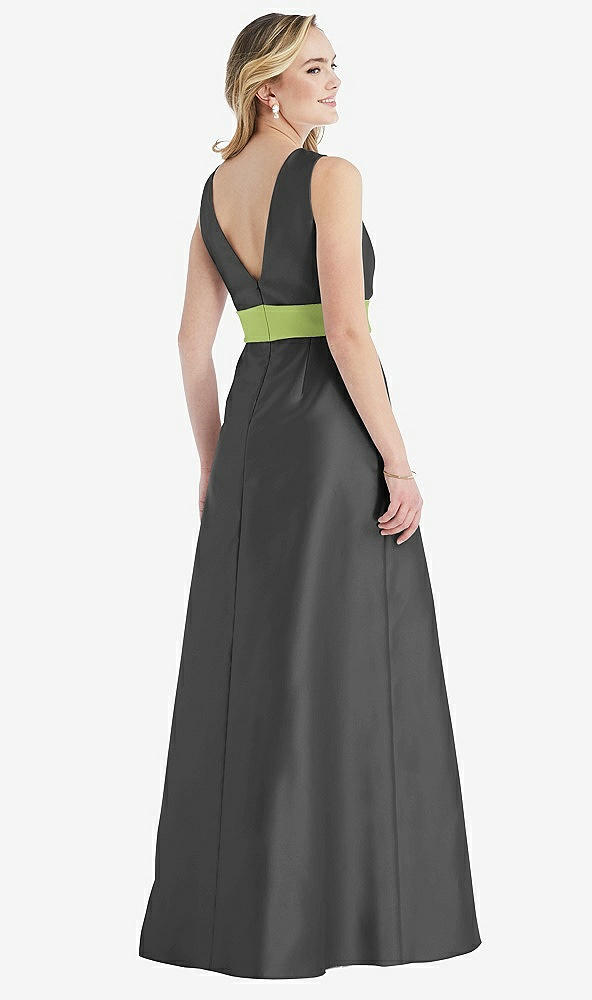 Back View - Pewter & Mojito High-Neck Asymmetrical Shirred Satin Maxi Dress with Pockets