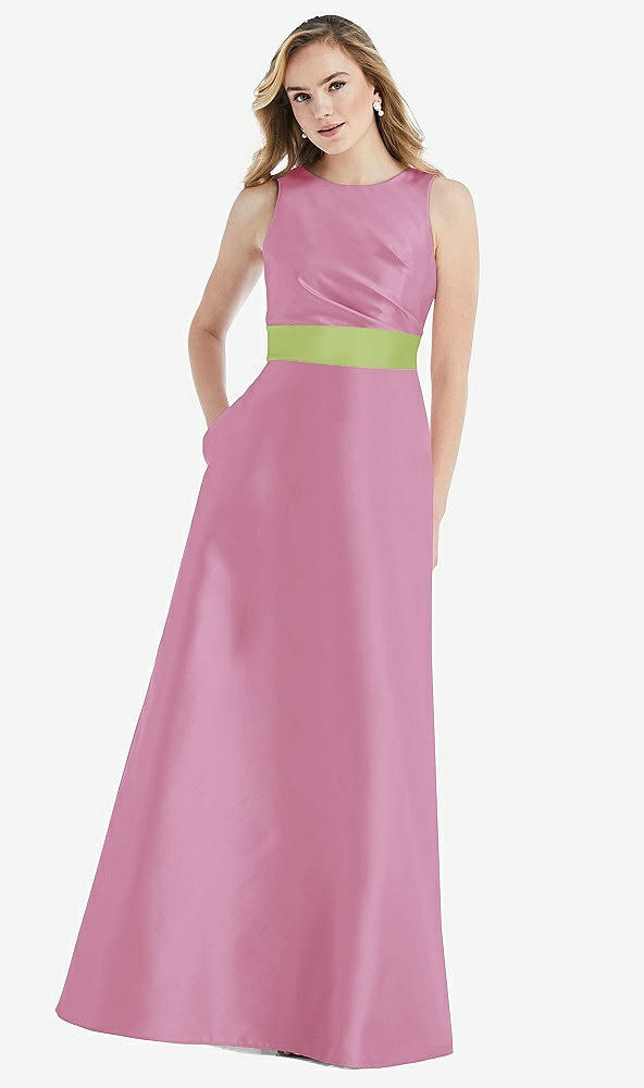 Front View - Powder Pink & Mojito High-Neck Asymmetrical Shirred Satin Maxi Dress with Pockets