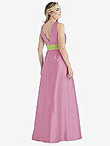 Rear View Thumbnail - Powder Pink & Mojito High-Neck Asymmetrical Shirred Satin Maxi Dress with Pockets