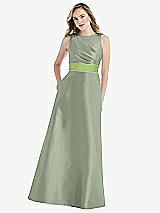 Front View Thumbnail - Sage & Mojito High-Neck Asymmetrical Shirred Satin Maxi Dress with Pockets